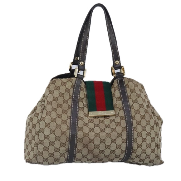 GUCCI GG Canvas Hand Bag Web Sherry Line Beige Gold 211935 Auth 99143 - Picture 13 of 16